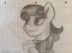 Size: 1280x940 | Tagged: safe, artist:violettacamak, oc, oc only, oc:jazz hands, earth pony, pony, clothes, coffee, lined paper, scarf, smiling, solo, steam, traditional art