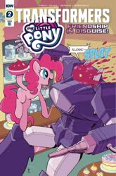 Size: 659x1000 | Tagged: safe, artist:caseycoller, idw, pinkie pie, earth pony, pony, g4, spoiler:comic, spoiler:friendship in disguise, clash of hasbro's titans, comic, cover, food, friendship in disguise, pie, pie in the face, shockwave, sugarcube corner, transformers