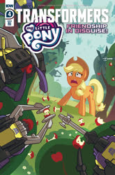 Size: 659x1000 | Tagged: safe, artist:sara pitre-durocher, idw, applejack, earth pony, pony, g4, spoiler:comic, spoiler:friendship in disguise, apple, bombshell, clash of hasbro's titans, cover, cowboy hat, female, food, hat, insecticons, kickback, mare, scared, shrapnel, swarm, sweet apple acres, transformers
