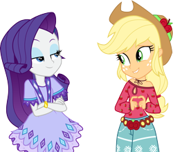 Size: 3975x3500 | Tagged: safe, artist:cloudy glow, applejack, rarity, equestria girls, g4, my little pony equestria girls: legend of everfree, .ai available, boho, camp fashion show outfit, clothes, cowboy hat, crossed arms, dress, duo, female, freckles, hat, high res, shorts, simple background, smiling, stetson, transparent background, vector