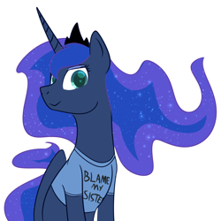 Size: 900x900 | Tagged: safe, artist:enigmadoodles, princess luna, alicorn, pony, g4, blame my sister, clothes, curved horn, female, horn, magic shirt, shirt, smiling, solo