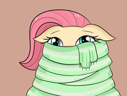 Size: 1600x1200 | Tagged: safe, artist:janelearts, fluttershy, pony, g4, clothes, cozy, cute, digital art, female, floppy ears, mare, scarf, shyabetes, simple background, solo