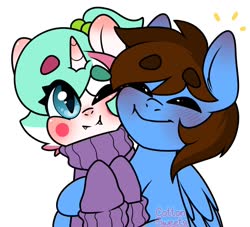 Size: 1320x1200 | Tagged: safe, artist:cottonsweets, oc, oc:cottonsweets, oc:pegasusgamer, pegasus, pony, unicorn, blushing, eyes closed, happy, hug, looking at you, one eye closed, wings, wink