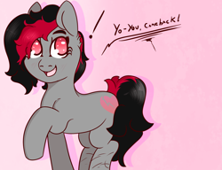 Size: 1300x1000 | Tagged: safe, artist:lazerblues, oc, oc only, oc:miss eri, earth pony, pony, black and red mane, blushing, cut, dialogue, pink background, scar, simple background, solo, two toned mane