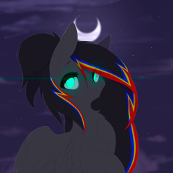 Size: 3000x3000 | Tagged: safe, artist:rofu, oc, oc only, oc:electy wings, pegasus, pony, cloud, glowing eyes, high res, moon, night, turquoise eyes