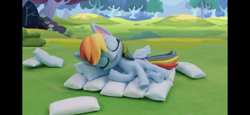 Size: 2436x1125 | Tagged: safe, screencap, rainbow dash, pegasus, pony, g4.5, my little pony: stop motion short, pillow fight (short), female, mare, pillow, solo, stop motion