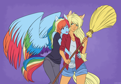 Size: 1550x1080 | Tagged: safe, artist:j3r1k0, derpibooru exclusive, applejack, rainbow dash, human, equestria girls, g4, broom, clothes, colored wings, female, humanized, large wings, lesbian, multicolored wings, one eye closed, ponied up, rainbow wings, ship:appledash, shipping, shorts, tailed humanization, tongue out, wings, wink