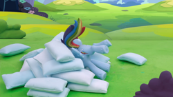 Size: 1920x1080 | Tagged: safe, screencap, rainbow dash, pegasus, pony, g4.5, my little pony: stop motion short, pillow fight (short), butt, cropped, female, mare, pillow, plot, solo, stop motion