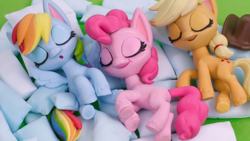 Size: 1920x1080 | Tagged: safe, screencap, applejack, pinkie pie, rainbow dash, earth pony, pegasus, pony, g4.5, my little pony: stop motion short, pillow fight (short), applejack's hat, cowboy hat, cuddle puddle, cuddling, cute, diapinkes, female, hat, mare, pillow, pony pile, sleeping, stop motion