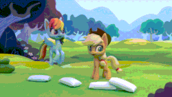 Size: 800x450 | Tagged: safe, screencap, applejack, rainbow dash, earth pony, pegasus, pony, g4.5, my little pony: stop motion short, pillow fight (short), animated, applejack's hat, cowboy hat, female, gif, hat, mare, pillow, stop motion