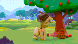 Size: 800x450 | Tagged: safe, screencap, applejack, earth pony, pony, g4.5, my little pony: stop motion short, pillow fight (short), animated, apple, apple tree, applejack's hat, basket, cowboy hat, derp, dizzy, female, food, gif, hat, knocked silly, mare, pillow, silly, silly pony, solo, spinning eyes, stop motion, tree, who's a silly pony