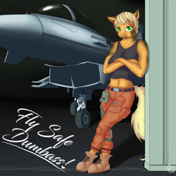 Size: 3000x3000 | Tagged: safe, artist:reactorguardian, applejack, earth pony, anthro, g4, ace combat, ace combat 7, art trade, avril mead, clothes, cosplay, costume, eurofighter typhoon, fatigues, female, fighter, hangar, high res, implied shipping, mechanic, pants, pinup, scrap queen, solo, splint, tank top, tattoo, text, tomboy