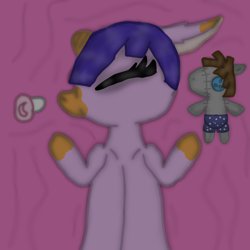 Size: 1000x1000 | Tagged: oc name needed, source needed, useless source url, safe, artist:ravepony134, smarty pants, oc, oc only, pony, g4, baby, bed, female, floppy ears, lying on bed, next generation, pacifier, plushie, sleeping, solo, unknown pony, wrong source