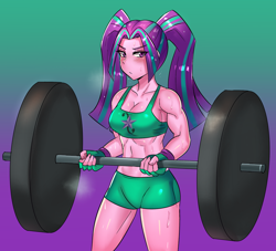 Size: 1024x931 | Tagged: safe, artist:tzc, part of a set, aria blaze, human, equestria girls, g4, anime, aria brute, biceps, bodybuilder, breasts, clothes, commission, female, fingerless gloves, gloves, midriff, muscles, pigtails, solo, sports bra, sports shorts, sweat, twintails, weight lifting, weights, workout, workout outfit