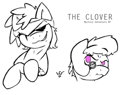 Size: 1588x1220 | Tagged: safe, artist:lucas_gaxiola, oc, oc only, oc:charmed clover, earth pony, pony, bust, duo, earth pony oc, grin, male, monocle, partial color, signature, simple background, smiling, stallion, text, white background
