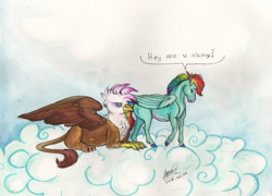 Size: 2888x2076 | Tagged: safe, artist:sagastuff94, gilda, rainbow dash, griffon, pegasus, pony, g4, beautiful, cloud, duo, female, filly, filly rainbow dash, folded wings, high res, hooves, mare, on a cloud, sky, spread wings, wings, younger