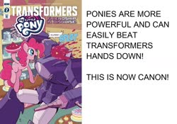 Size: 1426x1000 | Tagged: safe, edit, idw, pinkie pie, g4, spoiler:friendship in disguise, shockwave, text, transformers