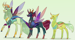 Size: 4960x2674 | Tagged: safe, artist:bunnari, pharynx, thorax, changedling, changeling, g4, alternate design, carapace, changeling king, crown, fangs, green background, jewelry, king thorax, prince pharynx, regalia, simple background, trio, tusk
