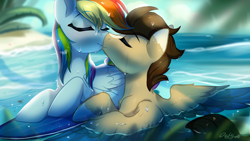 Size: 1920x1080 | Tagged: safe, artist:oofycolorful, rainbow dash, oc, oc:skittle, pegasus, pony, g4, canon x oc, cute, duo, female, kiss on the lips, kissing, male, mare, shipping, skidash, stallion, straight, surfboard