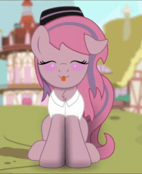 Size: 1252x1536 | Tagged: safe, artist:bastbrushie, part of a set, oc, oc only, oc:sweet haze, earth pony, pony, :p, animated, blushing, clothes, cute, eyes closed, femboy, hat, male, no sound, ponyville, tongue out, webm