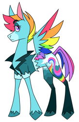 Size: 1251x1920 | Tagged: safe, artist:thedoodlefox, rainbow dash, pegasus, pony, g4, clothes, colored wings, concave belly, female, g5 concept leak style, g5 concept leaks, hooves, jacket, mare, multicolored wings, rainbow dash (g5 concept leak), rainbow wings, redesign, simple background, slender, solo, spread wings, thin, transparent background, wings