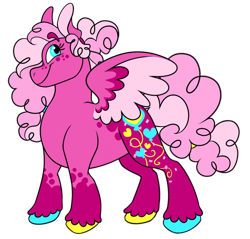 Size: 1280x1223 | Tagged: safe, artist:thedoodlefox, pinkie pie, pegasus, pony, g4, colored hooves, female, g5 concept leak style, g5 concept leaks, hooves, mare, multicolored hooves, pegasus pinkie pie, pinkie pie (g5 concept leak), race swap, redesign, simple background, smiling, solo, spread wings, transparent background, wings