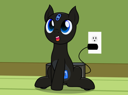 Size: 2495x1870 | Tagged: safe, artist:badumsquish, derpibooru exclusive, oc, oc only, oc:mr. twister, object pony, original species, pony, robot, robot pony, roomba pony, vacuum cleaner pony, button, charging, charging pad, colt, eufy robovac, grin, happy, male, nema receptacle, open mouth, outlet, roomba, sitting, smiling, solo, us plug, vacuum cleaner, wall socket
