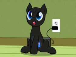 Size: 1000x749 | Tagged: safe, artist:badumsquish, derpibooru exclusive, oc, oc only, oc:mr. twister, object pony, original species, pony, robot, robot pony, roomba pony, vacuum cleaner pony, animated, button, charging, charging pad, colt, eufy robovac, grin, happy, male, nema receptacle, open mouth, outlet, ponified, roomba, sitting, smiling, solo, us plug, vacuum cleaner, wall socket