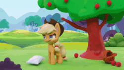 Size: 800x450 | Tagged: safe, screencap, applejack, pinkie pie, rainbow dash, earth pony, pegasus, pony, g4.5, my little pony: stop motion short, pillow fight (short), animated, apple, apple tree, bucking, butt, female, food, gif, hat, looking at each other, mare, pillow, pillow fight, plot, speed lines, split screen, stop motion, tree, tumbling
