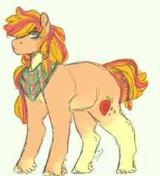 Size: 432x476 | Tagged: safe, artist:venti-star, applejack, earth pony, pony, g4, applejack (g5 concept leak), clothes, female, g5 concept leak style, g5 concept leaks, hooves, mare, redesign, scarf, simple background, solo, white background