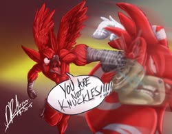 Size: 1280x1006 | Tagged: safe, artist:thebigbadwolf01, oc, oc only, oc:ruby render, griffon, anthro, digitigrade anthro, angry, crossover, eared griffon, griffonized, knuckles the echidna, male, muscles, nudity, punch, signature, sonic the hedgehog, sonic the hedgehog (series), species swap