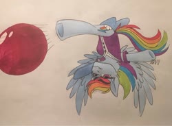 Size: 1024x753 | Tagged: safe, artist:nightcallerdraws, artist:scribble, rainbow dash, pegasus, pony, g4, ball, clothes, cool, female, flying, mare, scene interpretation, simple background, solo, spread wings, traditional art, uniform, wings