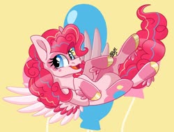 Size: 972x740 | Tagged: safe, artist:nightcallerdraws, artist:scribble, pinkie pie, pegasus, pony, g4, coat markings, female, flying, g5 concept leak style, g5 concept leaks, happy, hooves, mare, pegasus pinkie pie, pinkie pie (g5 concept leak), race swap, simple background, smiling, solo, spread wings, wings