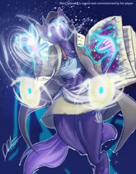 Size: 1006x1280 | Tagged: safe, artist:thebigbadwolf01, oc, oc only, oc:wary splendor, unicorn, anthro, abs, abstract background, book, female, glowing eyes, glowing hands, horn, signature, solo, unicorn oc
