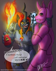 Size: 1006x1280 | Tagged: safe, artist:thebigbadwolf01, oc, oc only, oc:queen sterling, changeling queen, pony, robot, robot pony, armor, brown changeling, changeling queen oc, duo, fallout, flamethrower, scared, signature, smiling, speech, synth, weapon