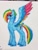 Size: 768x1024 | Tagged: safe, artist:majeste749, rainbow dash, pegasus, pony, g4, colored wings, concave belly, female, g5 concept leak style, g5 concept leaks, mare, multicolored wings, rainbow dash (g5 concept leak), rainbow wings, redesign, simple background, smiling, solo, spread wings, traditional art, wings
