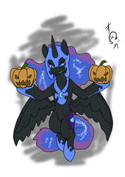 Size: 2508x3541 | Tagged: safe, artist:omegapony16, nightmare moon, alicorn, pony, g4, abstract background, ethereal mane, female, frown, high res, hoof hold, hoof shoes, mare, pumpkin, signature, solo, starry mane