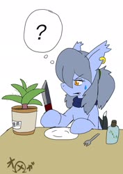 Size: 1451x2048 | Tagged: safe, artist:omegapony16, oc, oc only, oc:oriponi, bat pony, pony, bat pony oc, clothes, ear piercing, earring, female, fork, hoof hold, jewelry, knife, mare, piercing, plant, plant pot, plate, question mark, scarf, signature, solo, sweatdrop