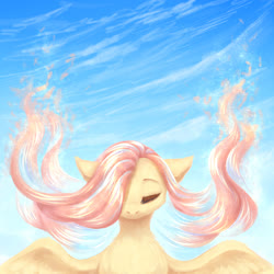 Size: 1600x1600 | Tagged: safe, artist:avrameow, fluttershy, pegasus, pony, g4, bust, eyes closed, female, floppy ears, front view, full face view, hair over one eye, mare, outdoors, sky, solo, spread wings, windswept mane, wings