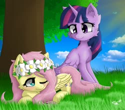Size: 1600x1400 | Tagged: safe, artist:hrukii, fluttershy, twilight sparkle, alicorn, pegasus, pony, g4, blushing, cheek fluff, crepuscular rays, cute, duo, ear fluff, female, floral head wreath, flower, folded wings, grass, lesbian, looking at each other, mare, one eye closed, outdoors, prone, ship:twishy, shipping, shyabetes, sitting, smiling, tree, twiabetes, twilight sparkle (alicorn), under the tree, wings