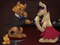 Size: 2732x2048 | Tagged: safe, artist:snows-undercover, betty hoof, marelene dietrot, earth pony, pony, g4, sparkle's seven, alcohol, armband, bar, bar stool, bedroom eyes, betty boop, blank flank, blushing, clothes, coat, commission, dress, eyeshadow, female, flirting, glass, hat, high res, hoof on cheek, lesbian, makeup, mare, marelene hoof, marlene dietrich, martini, martini glass, open mouth, raised hoof, shipping, shot glass, sitting, stool, suit, top hat