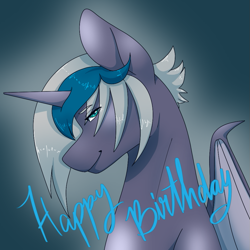 Size: 951x951 | Tagged: safe, artist:snows-undercover, oc, oc only, oc:elizabat stormfeather, alicorn, bat pony, bat pony alicorn, pony, alicorn oc, bat pony oc, bedroom eyes, birthday gift, cute, female, horn, mare, smiling, solo