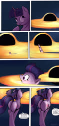 Size: 1920x4054 | Tagged: safe, artist:shieltar, part of a set, twilight sparkle, pony, unicorn, comic:giant twilight, g4, accretion disk, black hole, butt, butt expansion, butt focus, comic, cute, dialogue, female, giant pony, giantess, glowing horn, growth, horn, macro, magic, mare, part of a series, plot, pony bigger than a planet, pony bigger than a solar system, pony bigger than a star, sexy, signature, size difference, solar system, solo, space, stars, thicc thighs, twiabetes, twibutt, underhoof, unicorn twilight, weight gain