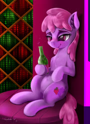 Size: 3250x4500 | Tagged: safe, artist:darksly, berry punch, berryshine, earth pony, pony, g4, blushing, bottle, drunk, female, hoof hold, mare, sitting, solo, table, tongue out