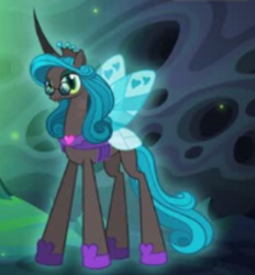 Size: 464x501 | Tagged: safe, gameloft, idw, queen chrysalis, changeling, changeling queen, g4, reflections, spoiler:comic, cropped, female, glasses, idw showified, lidded eyes, looking at you, mirror universe, reversalis, solo, throne, wings
