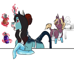 Size: 1183x955 | Tagged: safe, artist:blackblood-queen, oc, oc only, oc:annie belle, oc:cullen sutcliffe, dracony, hybrid, pony, unicorn, apron, blushing, clothes, digital art, fangs, female, glasses, gloves, glowing horn, hair bun, horn, leonine tail, magic, male, mare, potion, slit pupils, stallion