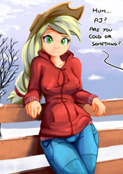 Size: 1414x2000 | Tagged: safe, artist:fidzfox, edit, editor:mkogwheel, applejack, human, g4, breasts, busty applejack, clothes, female, fence, hoodie, humanized, not what it looks like, offscreen character, snow, solo
