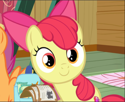 Size: 1156x943 | Tagged: safe, screencap, apple bloom, earth pony, pony, g4, growing up is hard to do, adorabloom, bag, cropped, cute, cutie mark, female, saddle bag, smiling, solo, the cmc's cutie marks