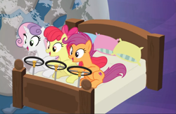 Size: 945x615 | Tagged: safe, screencap, apple bloom, scootaloo, sweetie belle, g4, growing up is hard to do, bed, being big is all it takes, cropped, cutie mark crusaders, female, older, older apple bloom, older cmc, older scootaloo, older sweetie belle, steering wheel, trio