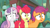 Size: 1571x869 | Tagged: safe, screencap, apple bloom, scootaloo, sweetie belle, g4, growing up is hard to do, cropped, cutie mark crusaders, faic, female, older, older apple bloom, older cmc, older scootaloo, older sweetie belle, open mouth, scared, shrunken pupils, trio
